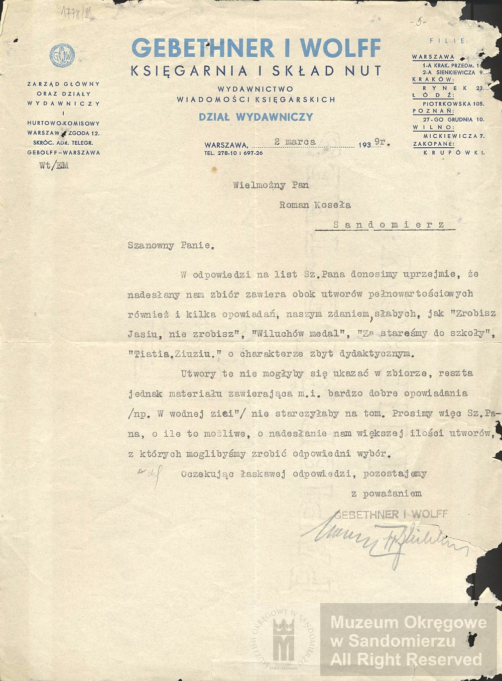 List z Wydawnictwa Gebethnera i Wolffa do Romana Koseły w sprawie wydania tomu opowiadań z dn. 2.03.1939 r.